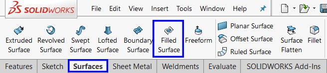   ورود به دستور Filled Surface در تب سرفیس نرم‌افزار سالیدورک